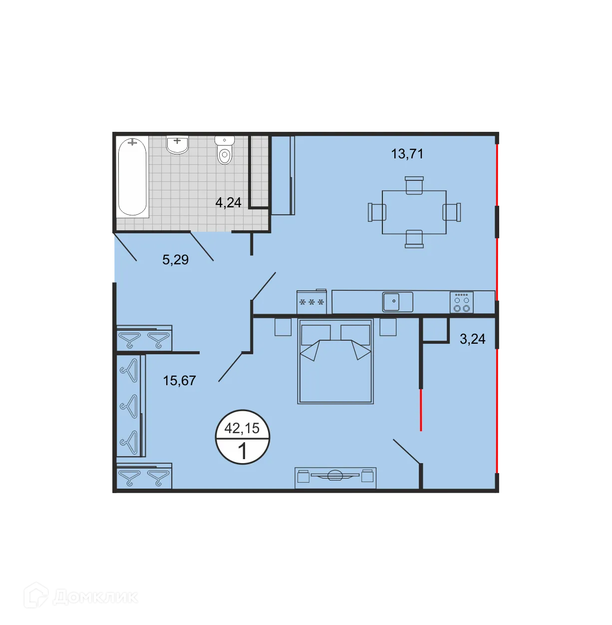Планировка 1-комнатной квартиры 42.15 м² в ЖК Дыхание, г. Ставрополь — фото 2