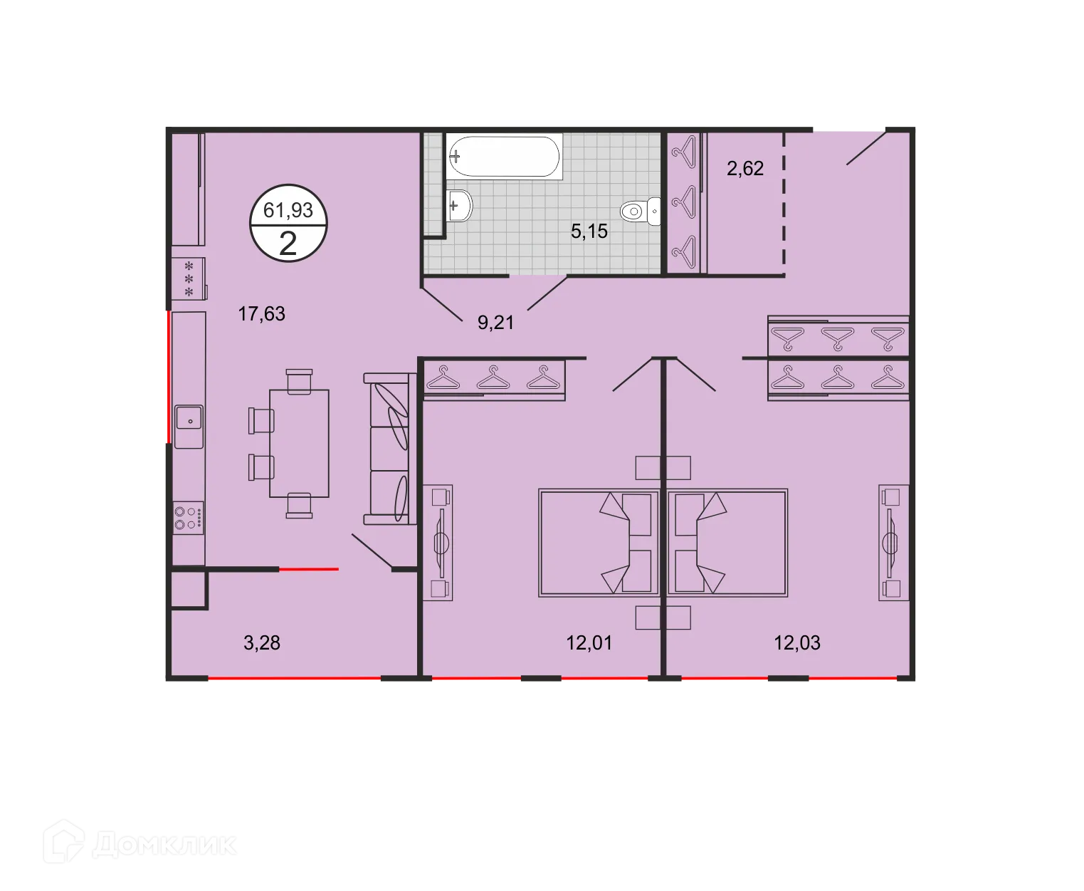 Планировка 2-комнатной квартиры 61.93 м² в ЖК Дыхание, г. Ставрополь — фото 6