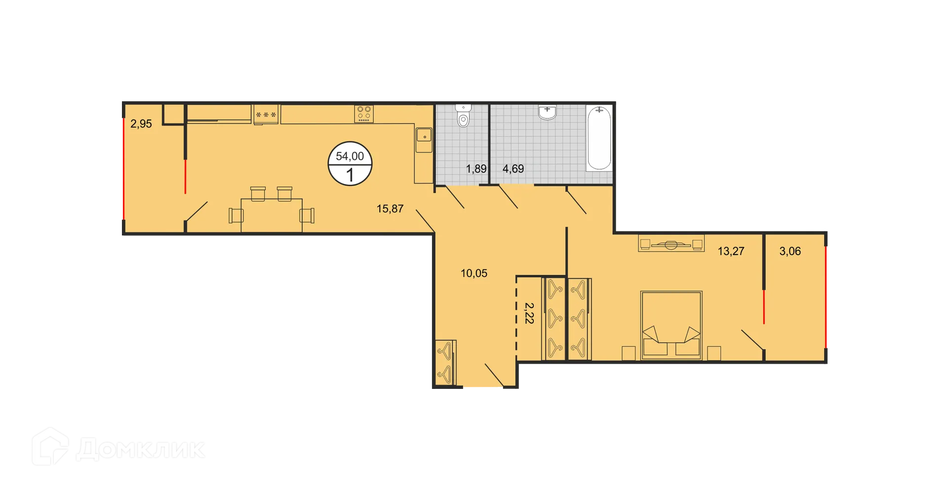 Планировка 1-комнатной квартиры 54 м² в ЖК Дыхание, г. Ставрополь — фото 2