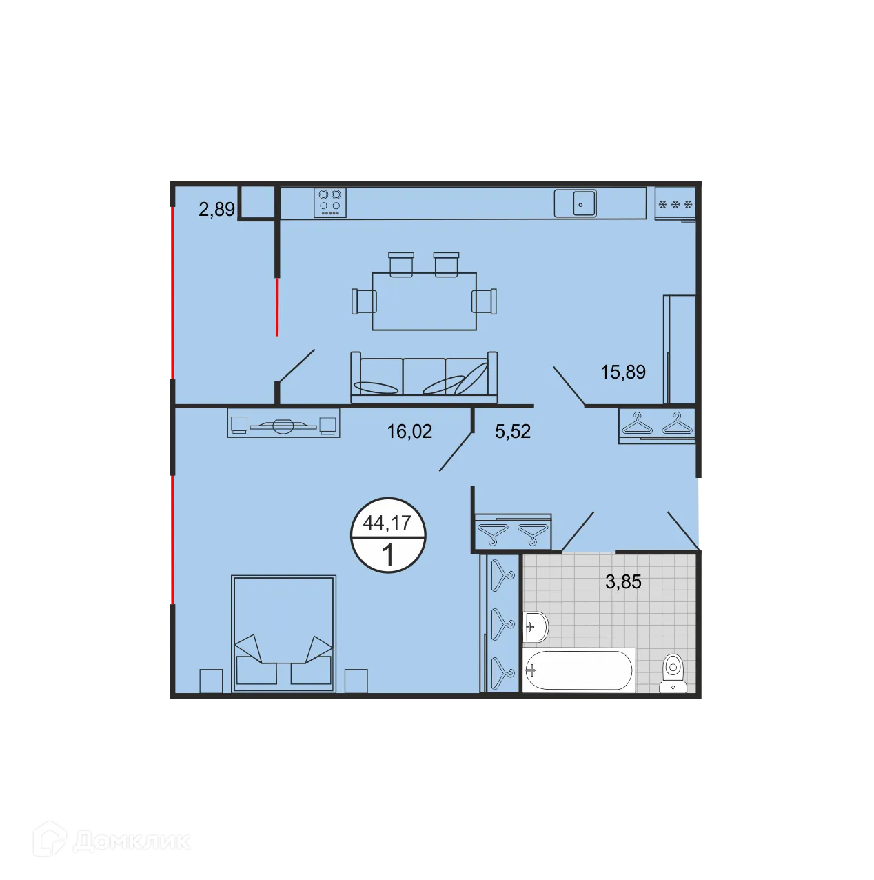 Планировка 1-комнатной квартиры 43.55 м² в ЖК Дыхание, г. Ставрополь — фото 2