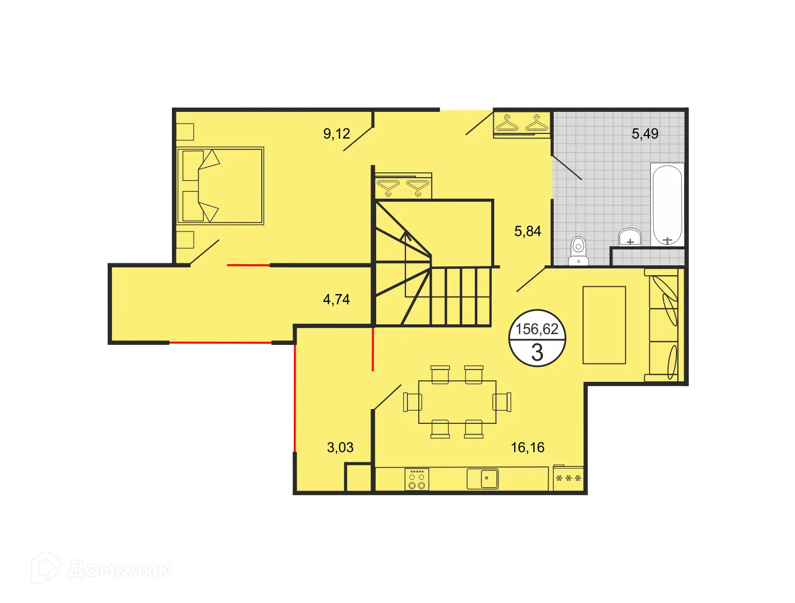 Планировка 3-комнатной квартиры 156.62 м² в ЖК Дыхание, г. Ставрополь — фото 2