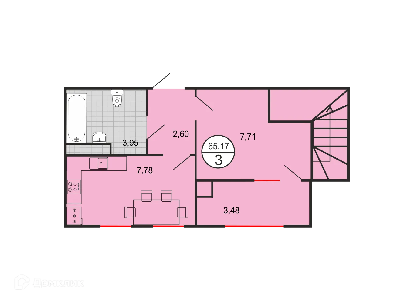 Планировка 3-комнатной квартиры 65.17 м² в ЖК Дыхание, г. Ставрополь — фото 2