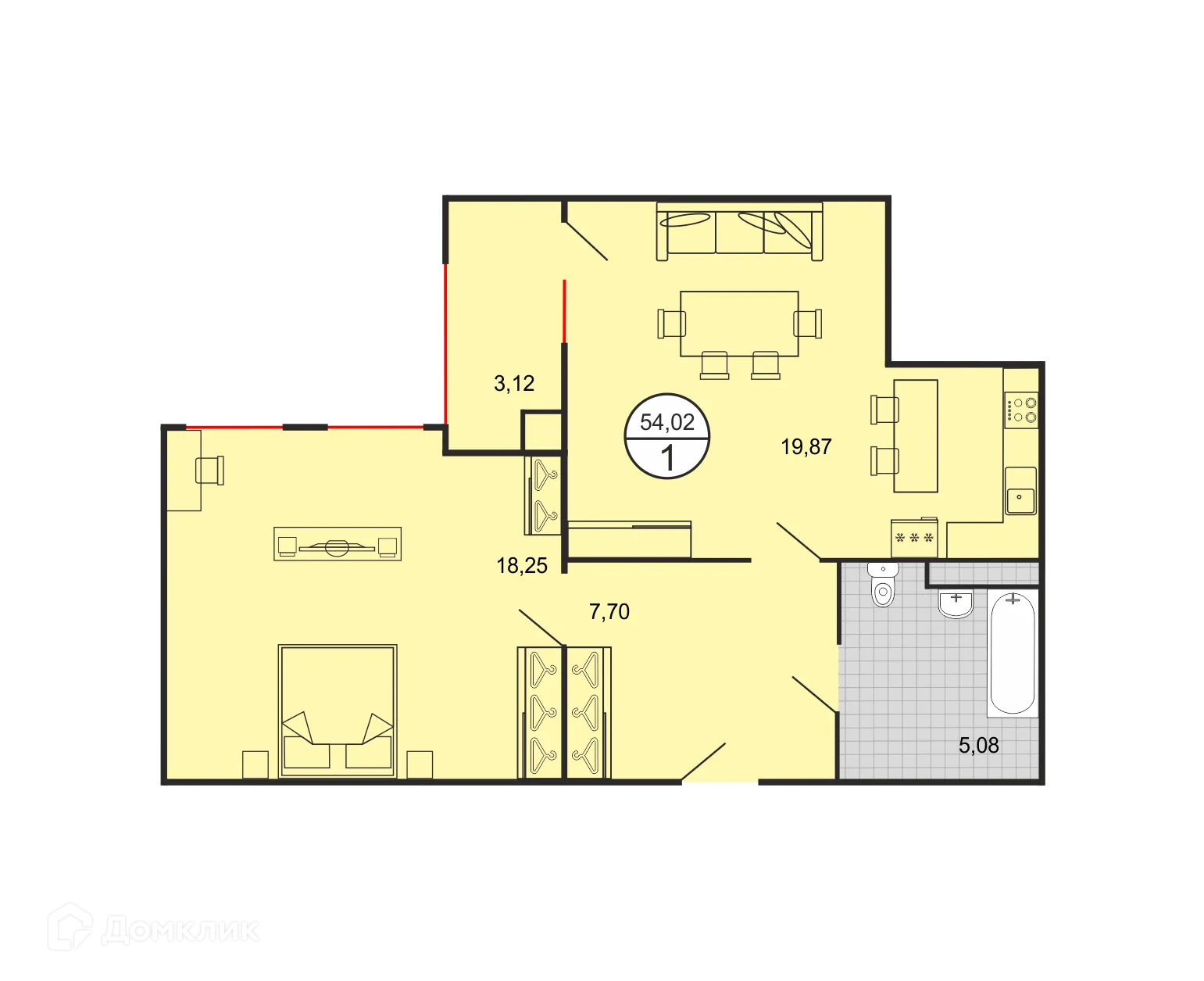 Планировка 1-комнатной квартиры 54.02 м² в ЖК Дыхание, г. Ставрополь — фото 1