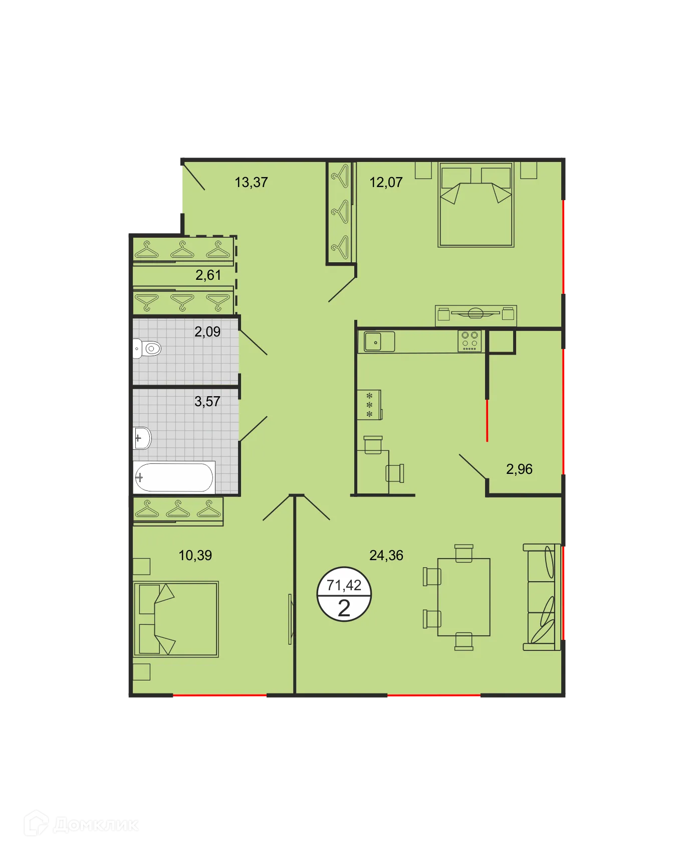 Планировка 2-комнатной квартиры 71.42 м² в ЖК Дыхание, г. Ставрополь — фото 2