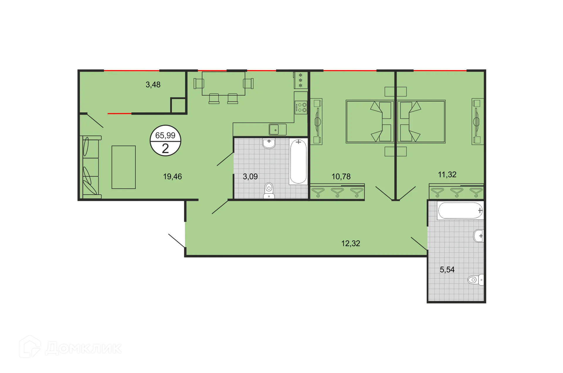 Планировка 2-комнатной квартиры 65.99 м² в ЖК Дыхание, г. Ставрополь — фото 2