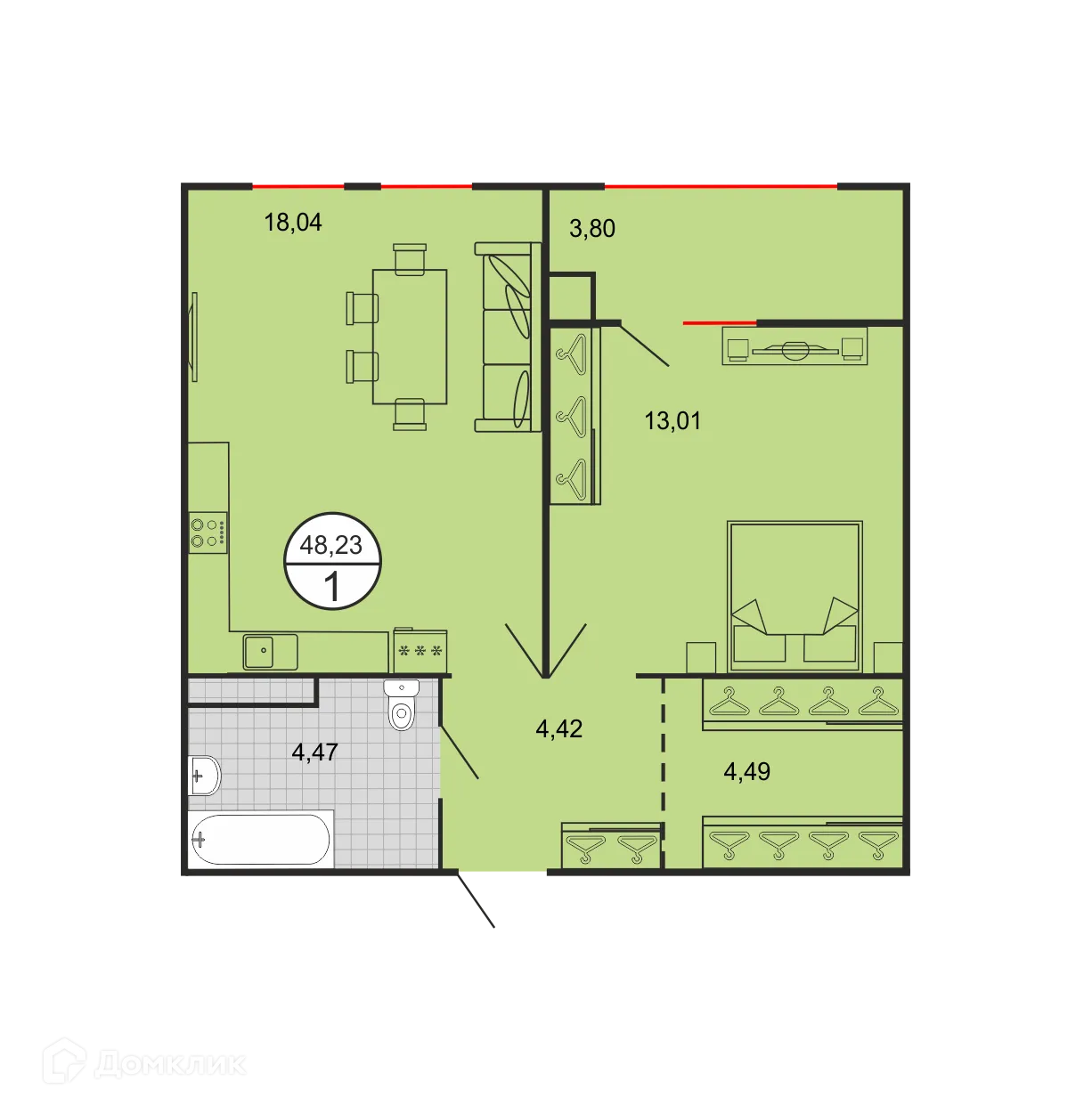 Планировка 1-комнатной квартиры 48.23 м² в ЖК Дыхание, г. Ставрополь — фото 2