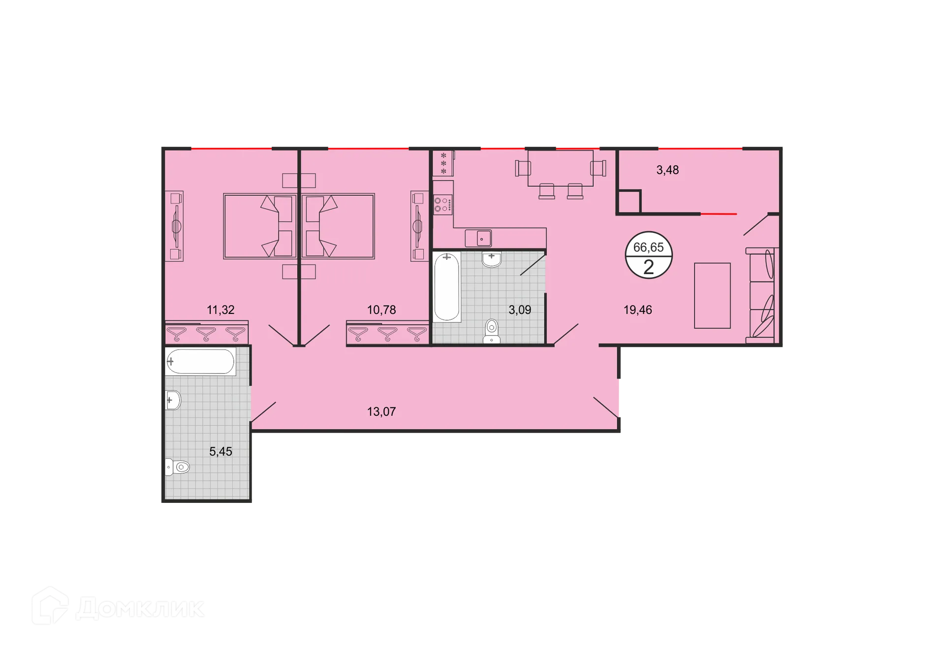 Планировка 2-комнатной квартиры 66.65 м² в ЖК Дыхание, г. Ставрополь — фото 2