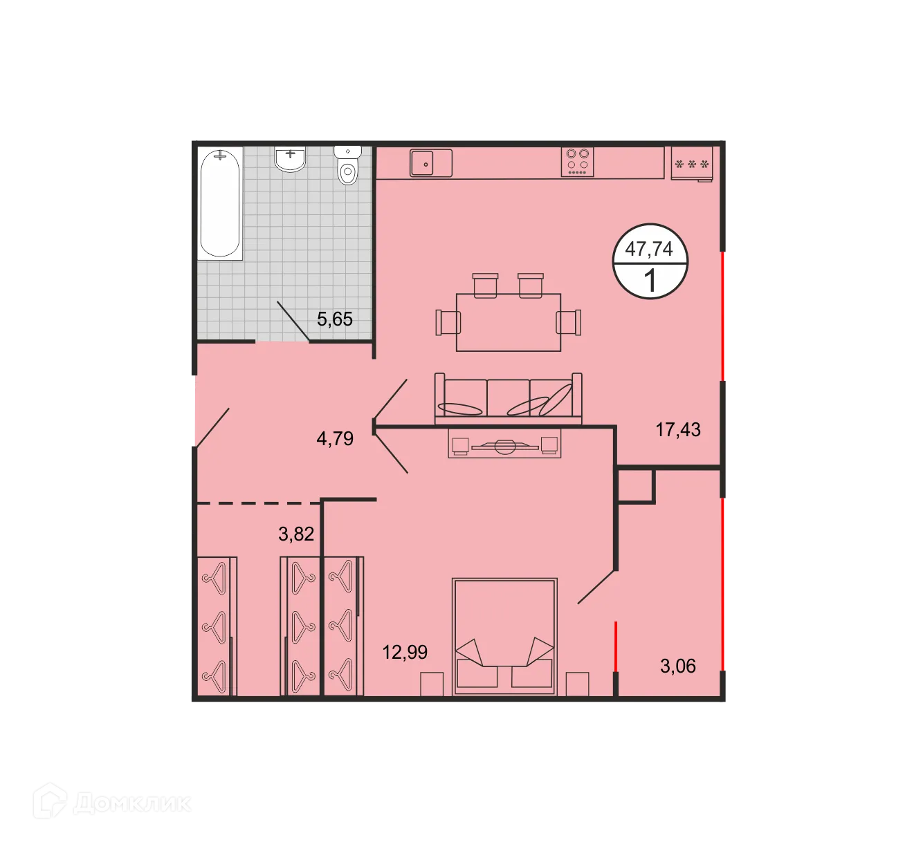 Планировка 1-комнатной квартиры 47.74 м² в ЖК Дыхание, г. Ставрополь — фото 2