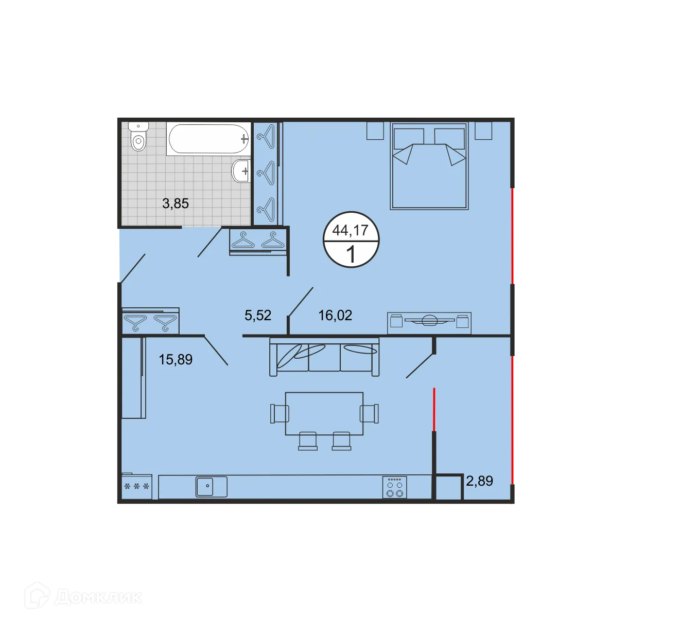 Планировка 1-комнатной квартиры 44.17 м² в ЖК Дыхание, г. Ставрополь — фото 2