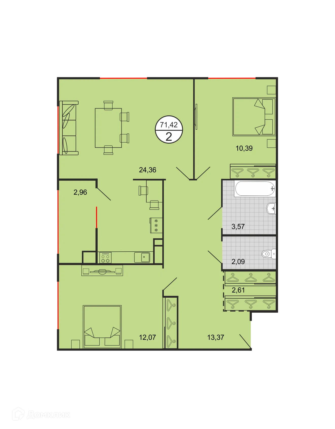 Планировка 2-комнатной квартиры 71.42 м² в ЖК Дыхание, г. Ставрополь — фото 2