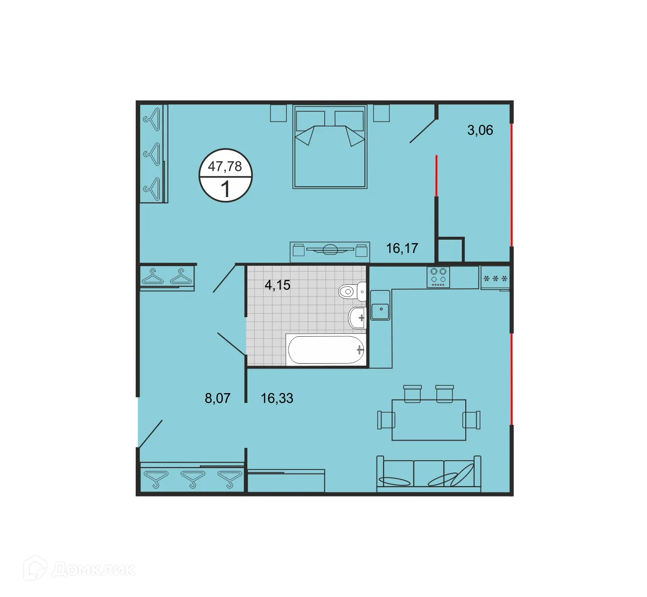 Планировка 1-комнатной квартиры 47.78 м² в ЖК Дыхание, г. Ставрополь — фото 2