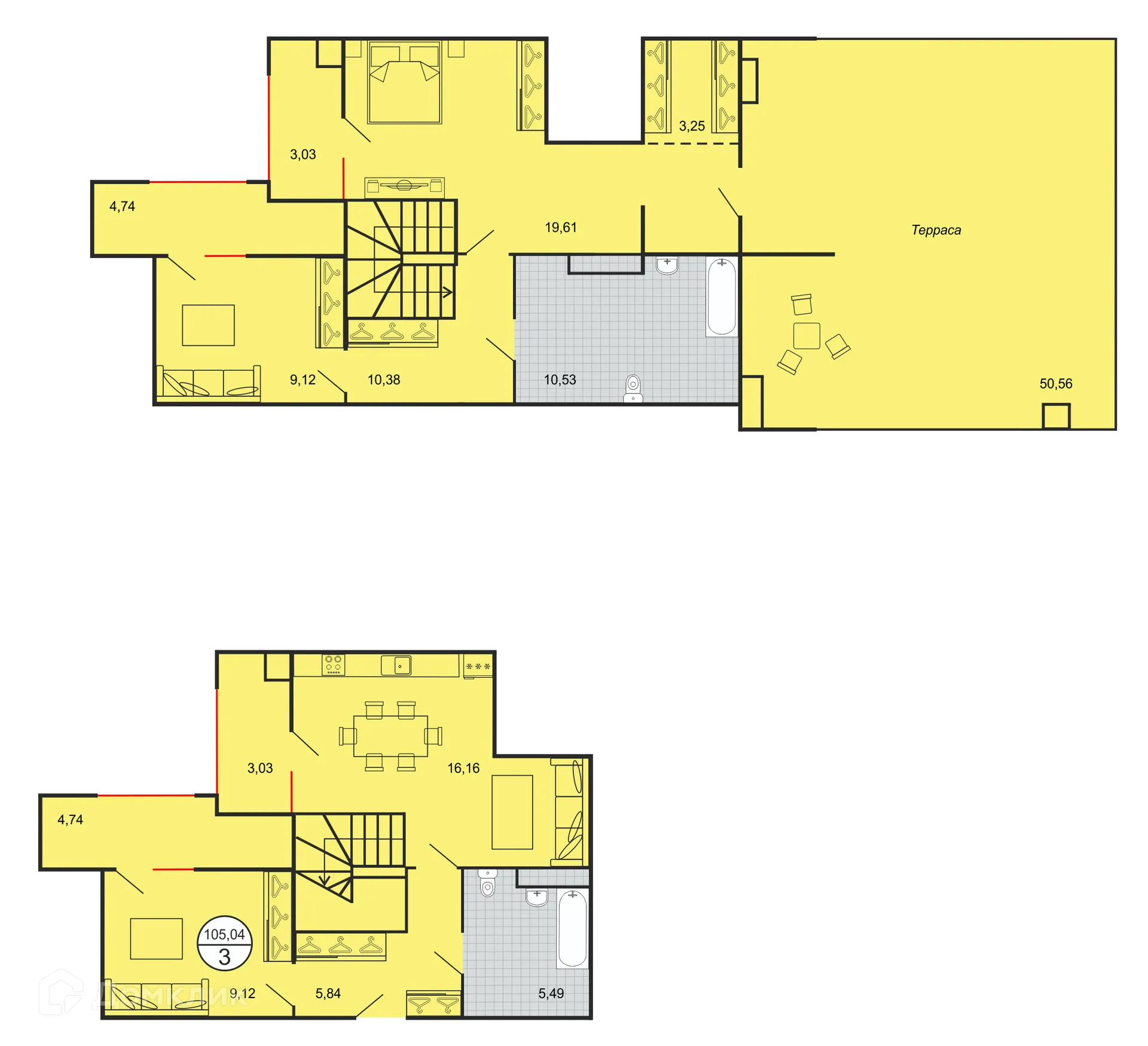 Планировка 3-комнатной квартиры 105.04 м² в ЖК Дыхание, г. Ставрополь — фото 2