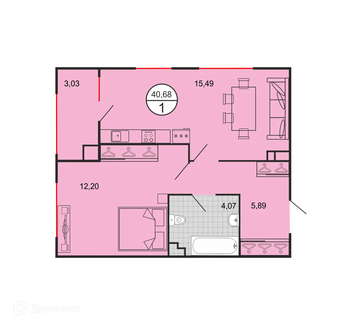 Планировка 1-комнатной квартиры 40.68 м² в ЖК Дыхание, г. Ставрополь — фото 6