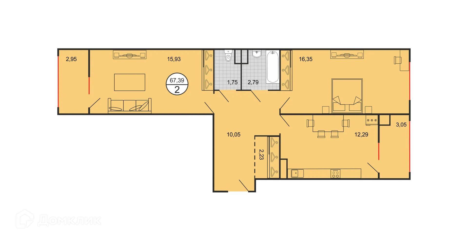 Планировка 2-комнатной квартиры 67.2 м² в ЖК Дыхание, г. Ставрополь — фото 2