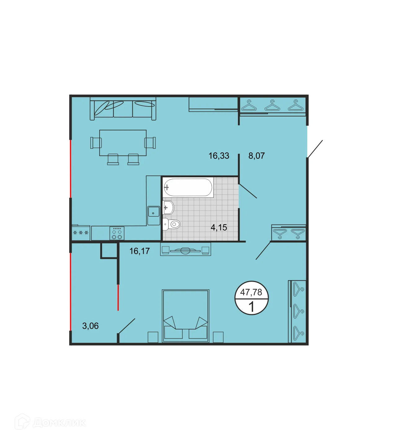 Планировка 1-комнатной квартиры 47.59 м² в ЖК Дыхание, г. Ставрополь — фото 2