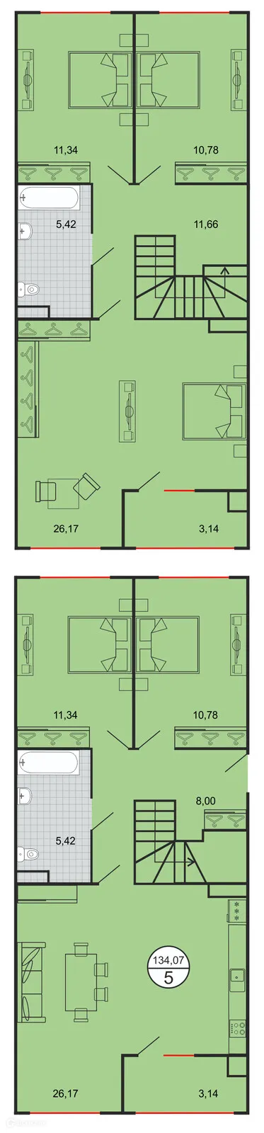 Планировка 5-комнатной квартиры 134.07 м² в ЖК Дыхание, г. Ставрополь — фото 2