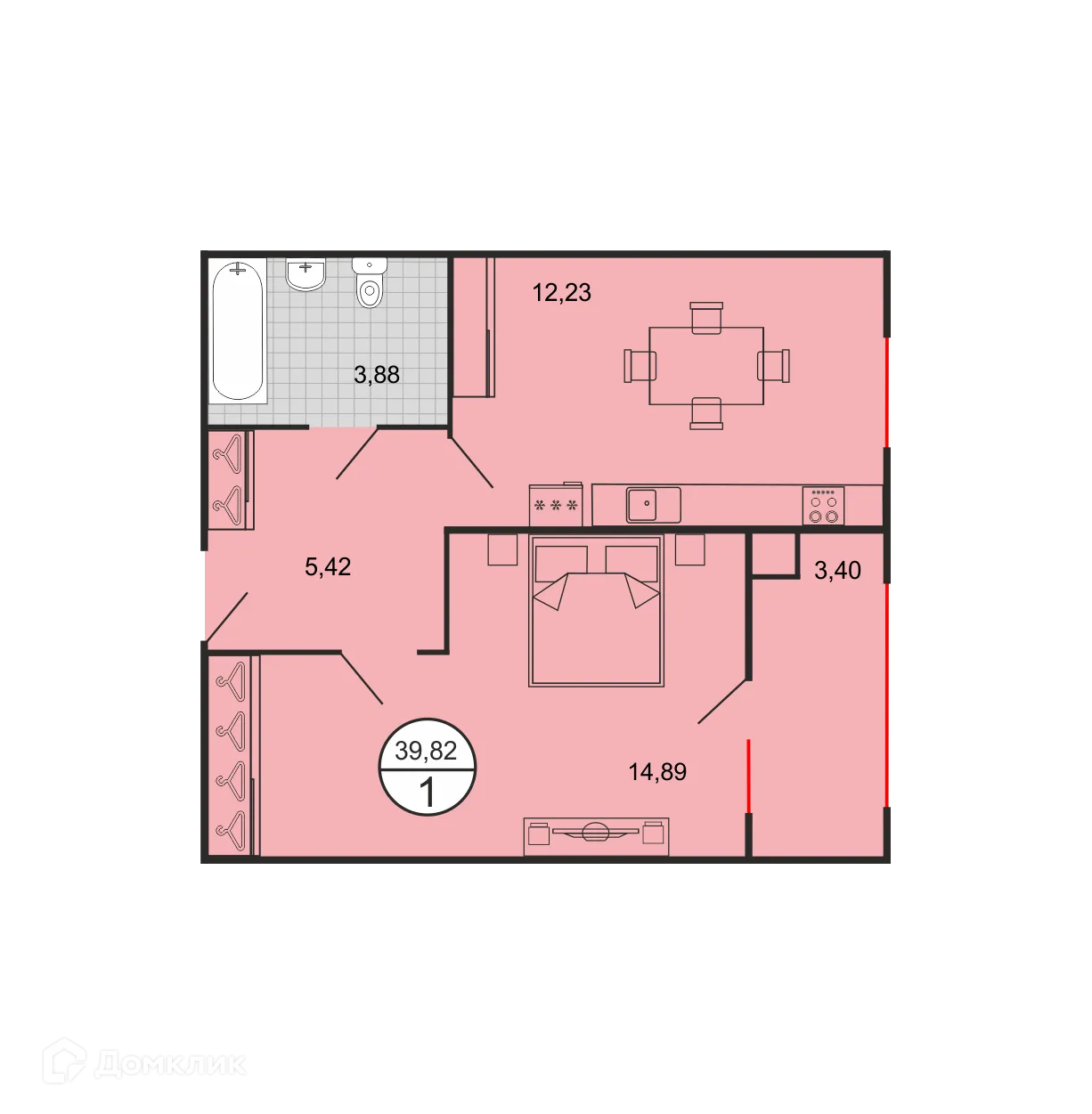 Планировка 1-комнатной квартиры 39.82 м² в ЖК Дыхание, г. Ставрополь — фото 6