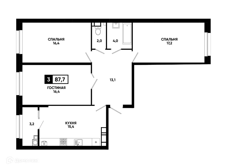 Планировка 3-комнатной квартиры 87.7 м² в ЖК Кварталы 17/77, г. Ставрополь — фото 1