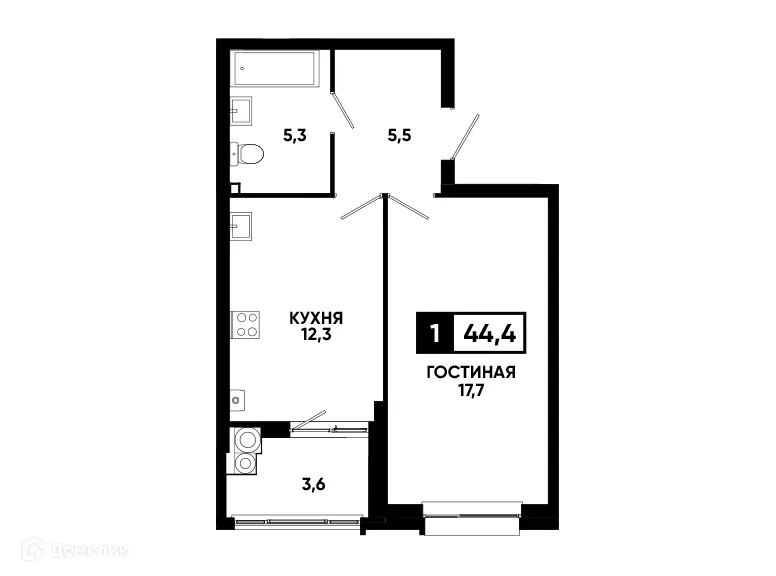 Планировка 1-комнатной квартиры 44.4 м² в ЖК Кварталы 17/77, г. Ставрополь — фото 1
