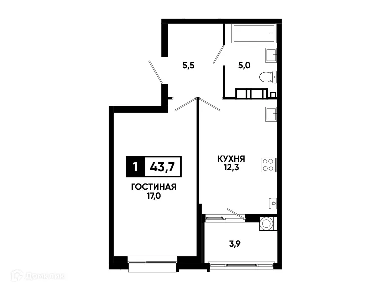 Планировка 1-комнатной квартиры 43.7 м² в ЖК Кварталы 17/77, г. Ставрополь — фото 1