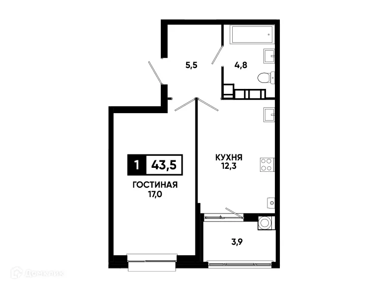 Планировка 1-комнатной квартиры 43.5 м² в ЖК Кварталы 17/77, г. Ставрополь — фото 1