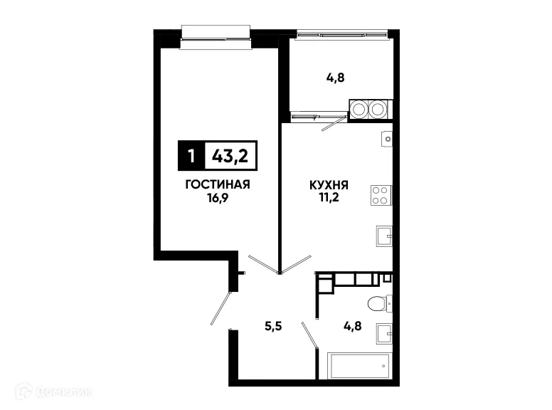 Планировка 1-комнатной квартиры 43.2 м² в ЖК Кварталы 17/77, г. Ставрополь — фото 1