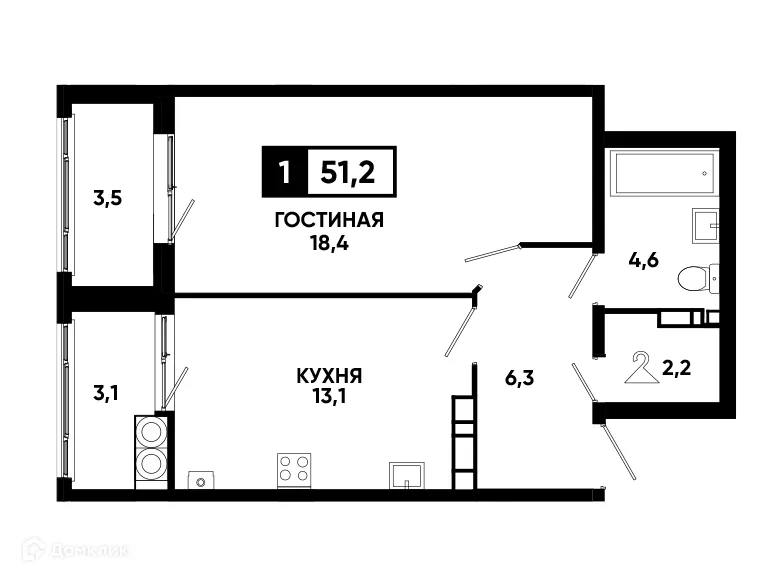 Планировка 1-комнатной квартиры 51.2 м² в ЖК Кварталы 17/77, г. Ставрополь — фото 2