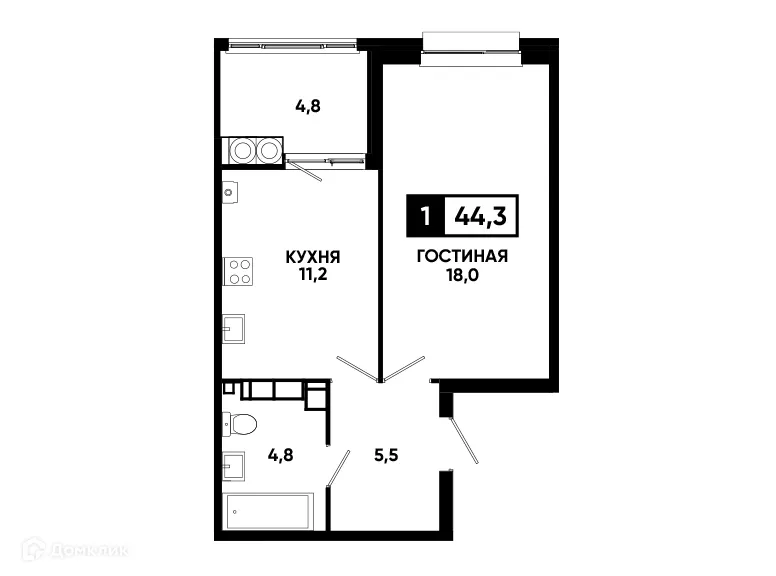 Планировка 1-комнатной квартиры 44.3 м² в ЖК Кварталы 17/77, г. Ставрополь — фото 2