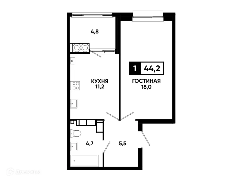 Планировка 1-комнатной квартиры 44.2 м² в ЖК Кварталы 17/77, г. Ставрополь — фото 1