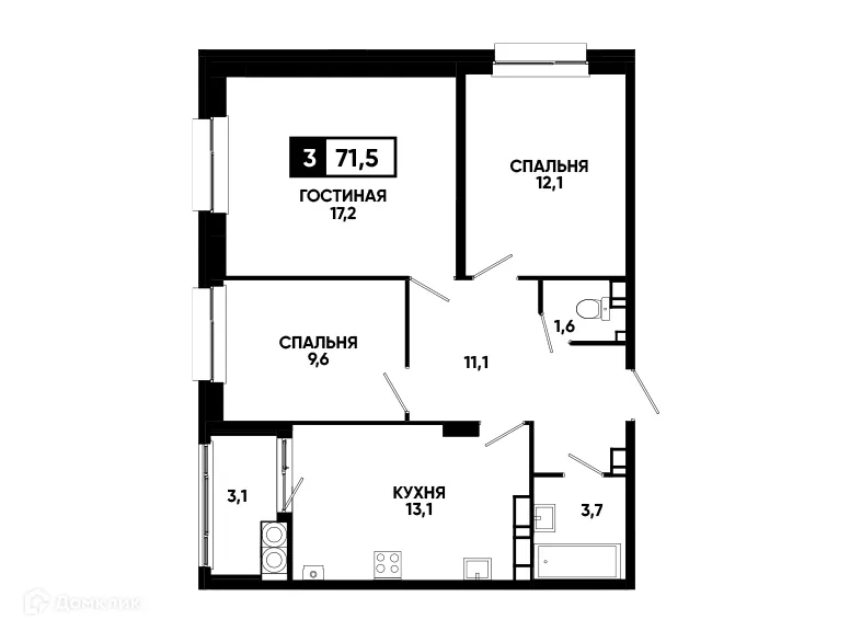 Планировка 3-комнатной квартиры 71.5 м² в ЖК Кварталы 17/77, г. Ставрополь — фото 1