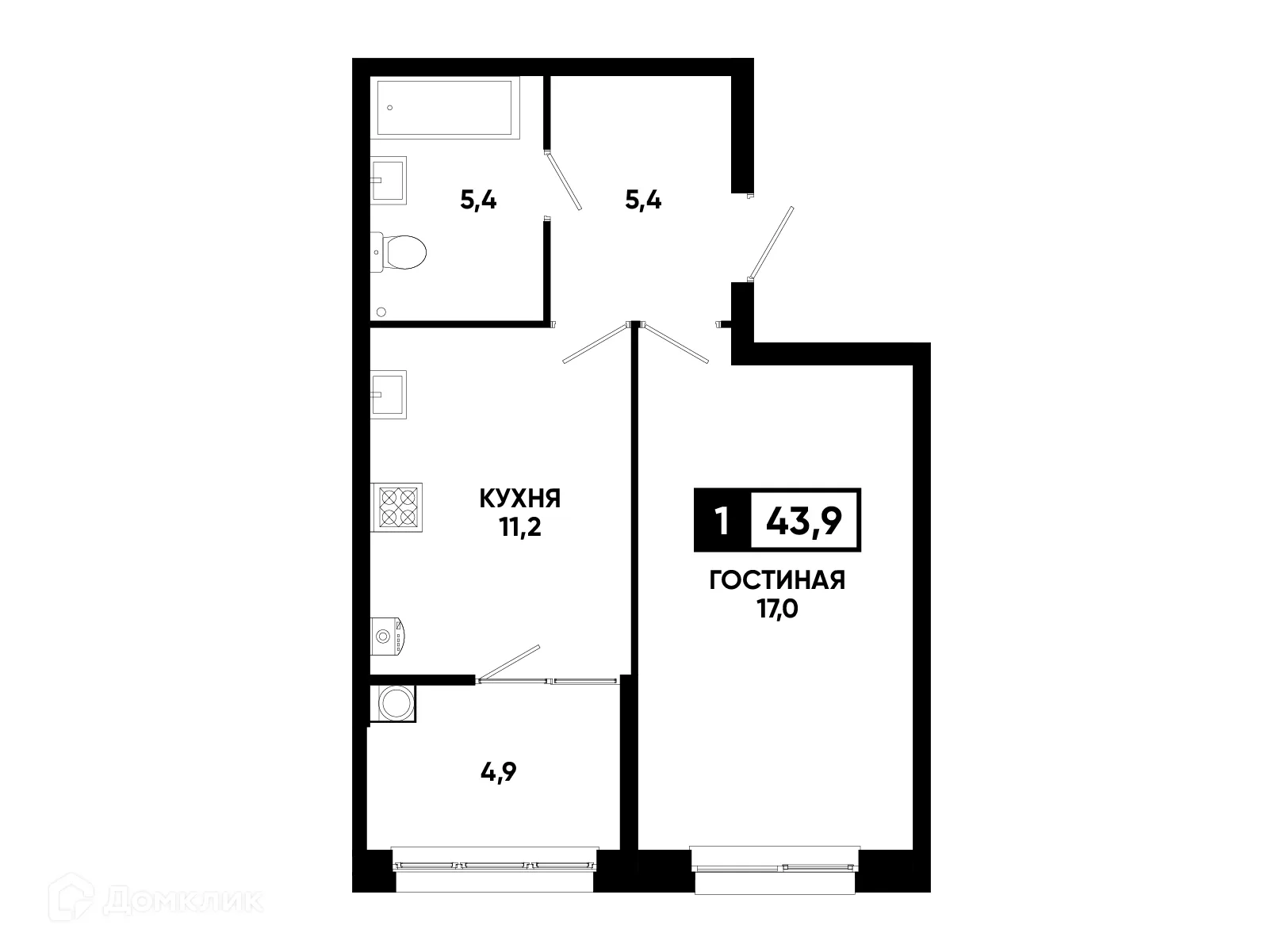 Планировка 1-комнатной квартиры 43.9 м² в ЖК Кварталы 17/77, г. Ставрополь — фото 1