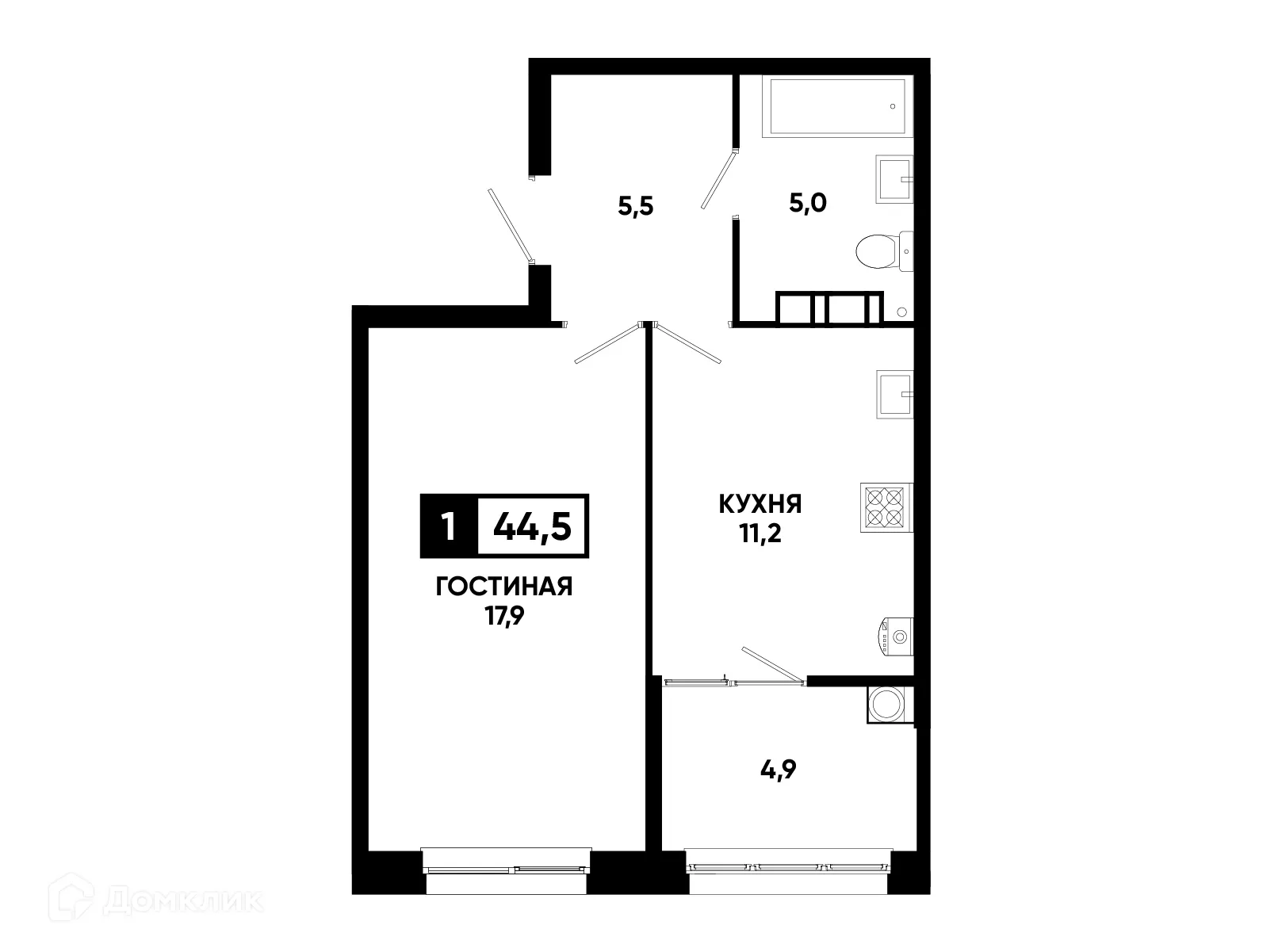 Планировка 1-комнатной квартиры 44.5 м² в ЖК Кварталы 17/77, г. Ставрополь — фото 1