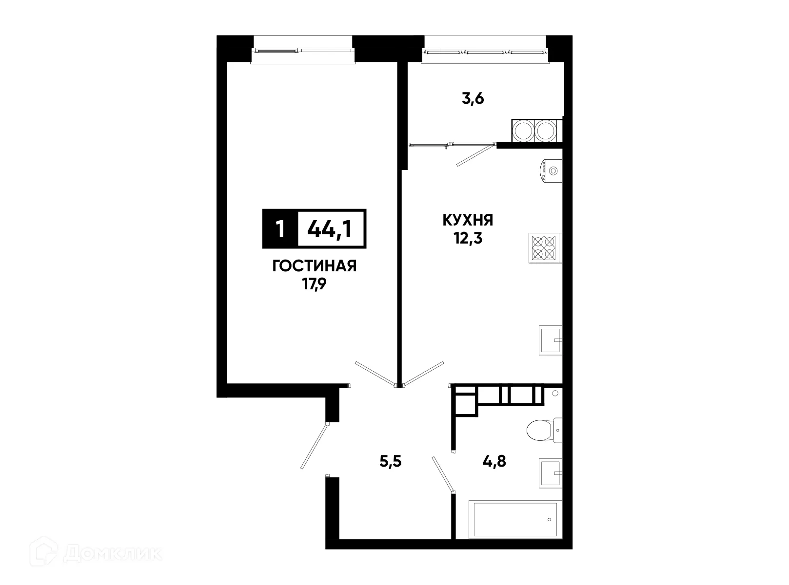 Планировка 1-комнатной квартиры 44.1 м² в ЖК Кварталы 17/77, г. Ставрополь — фото 1