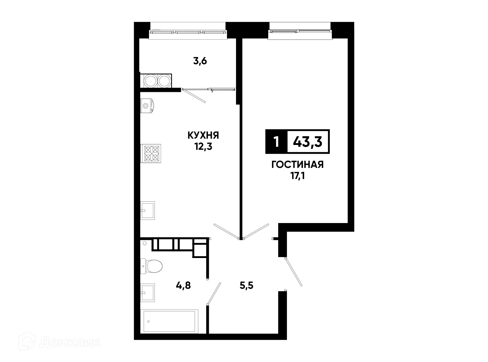 Планировка 1-комнатной квартиры 43.3 м² в ЖК Кварталы 17/77, г. Ставрополь — фото 1