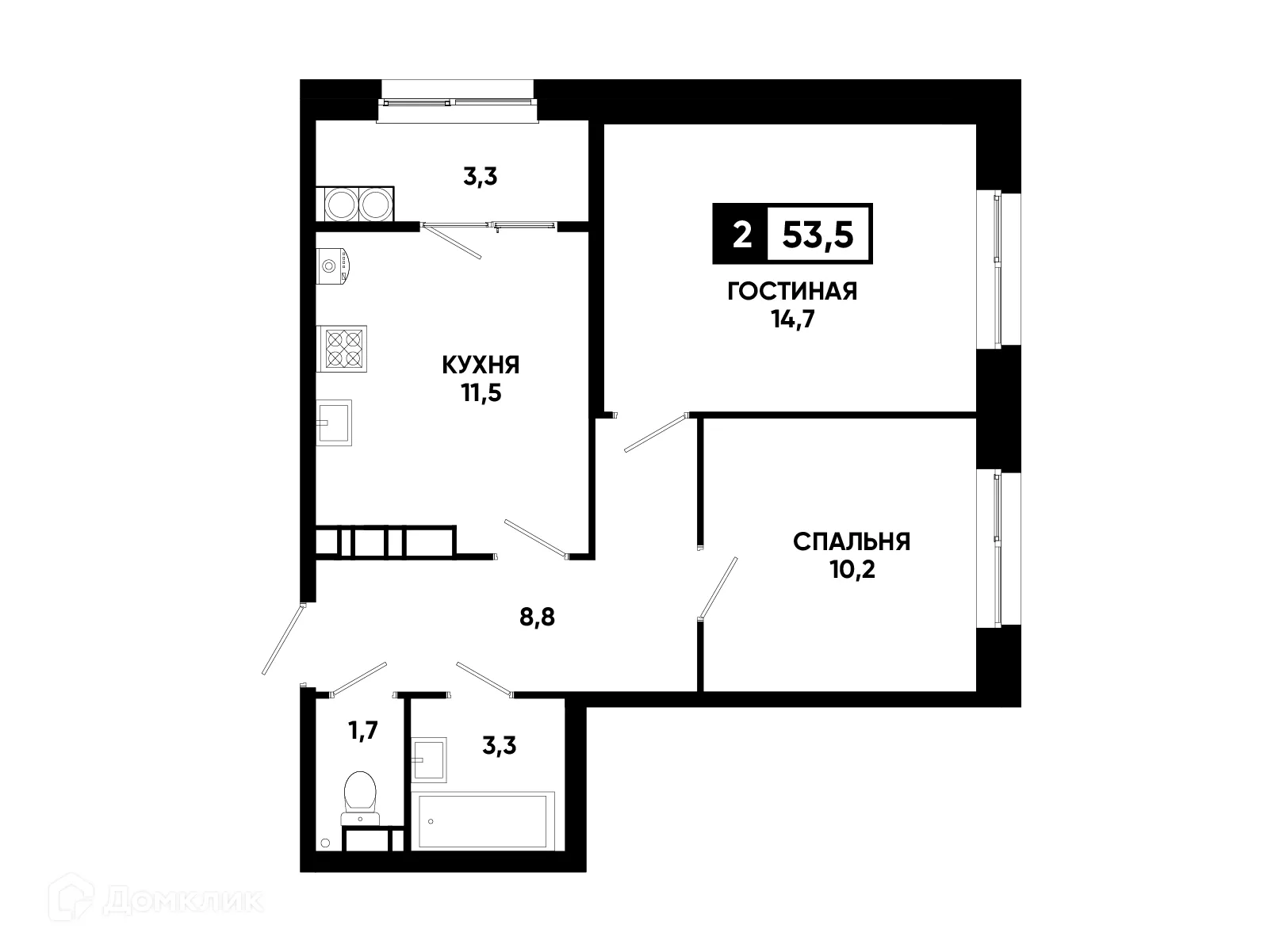 Планировка 2-комнатной квартиры 53.5 м² в ЖК Кварталы 17/77, г. Ставрополь — фото 1