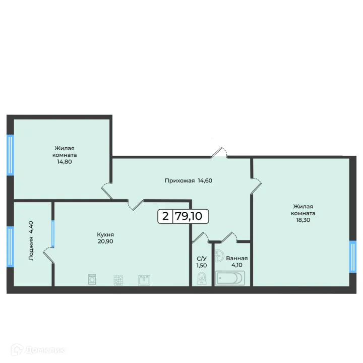 Планировка 2-комнатной квартиры 79.1 м² в ЖК Европейский 5, г. Ставрополь — фото 1