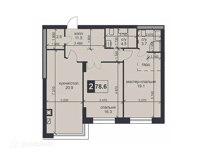 Планировка 2-комнатной квартиры 78.6 м² в ЖК «НАДЕЖДА», г. Ставрополь — фото 1