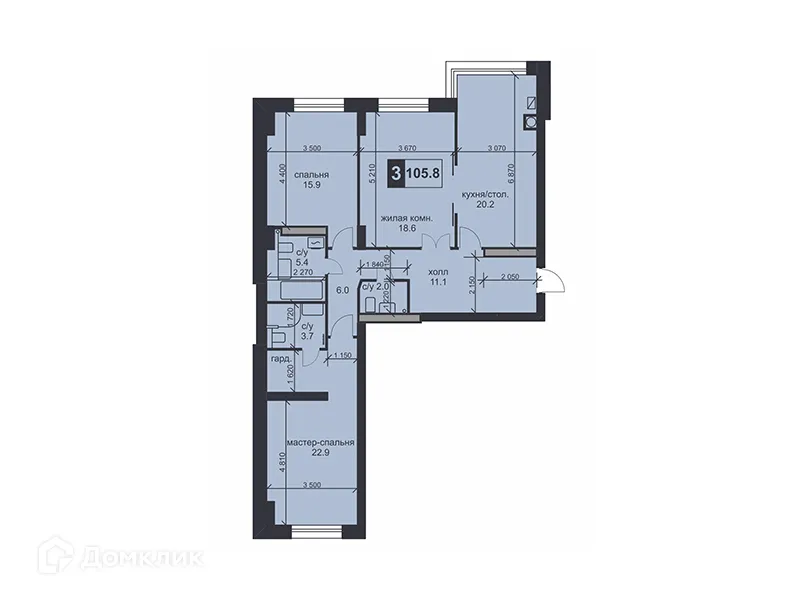Планировка 3-комнатной квартиры 105.8 м² в ЖК «НАДЕЖДА», г. Ставрополь — фото 1