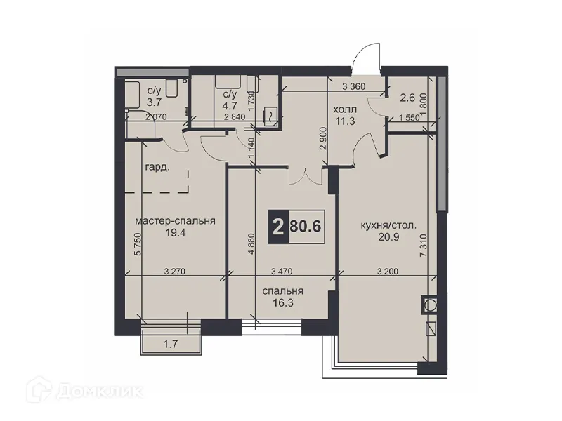 Планировка 2-комнатной квартиры 80.6 м² в ЖК «НАДЕЖДА», г. Ставрополь — фото 1