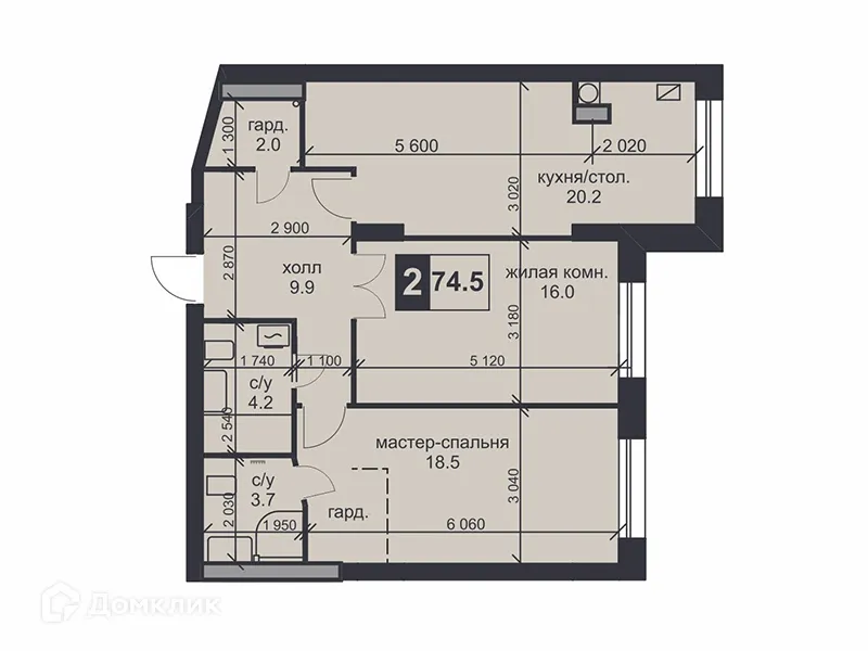 Планировка 2-комнатной квартиры 74.5 м² в ЖК «НАДЕЖДА», г. Ставрополь — фото 1