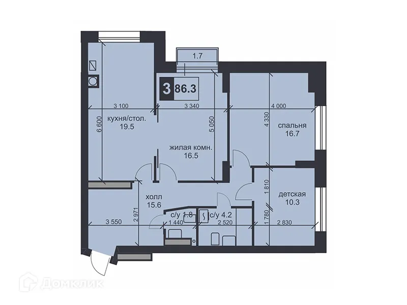 Планировка 3-комнатной квартиры 86.3 м² в ЖК «НАДЕЖДА», г. Ставрополь — фото 1