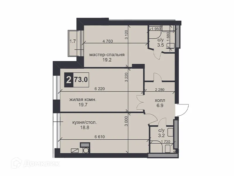Планировка 2-комнатной квартиры 73 м² в ЖК «НАДЕЖДА», г. Ставрополь — фото 1