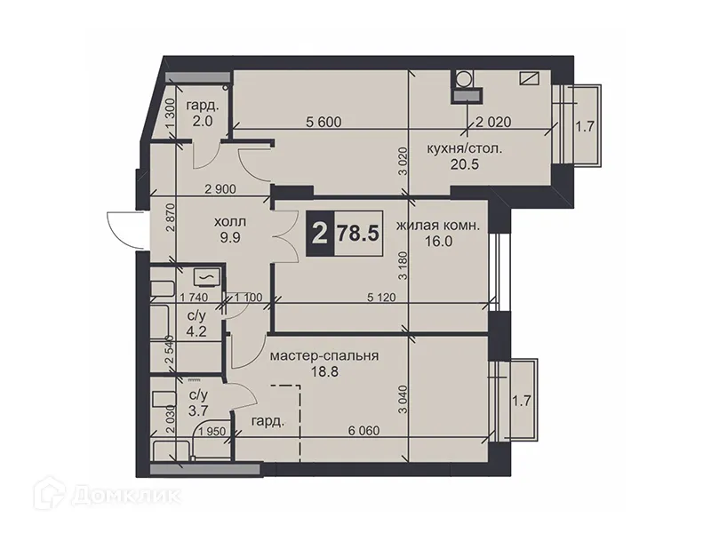Планировка 2-комнатной квартиры 78.5 м² в ЖК «НАДЕЖДА», г. Ставрополь — фото 1