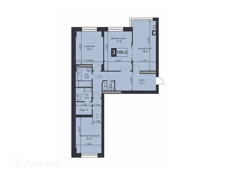 Планировка 3-комнатной квартиры 100.2 м² в ЖК «НАДЕЖДА», г. Ставрополь — фото 1