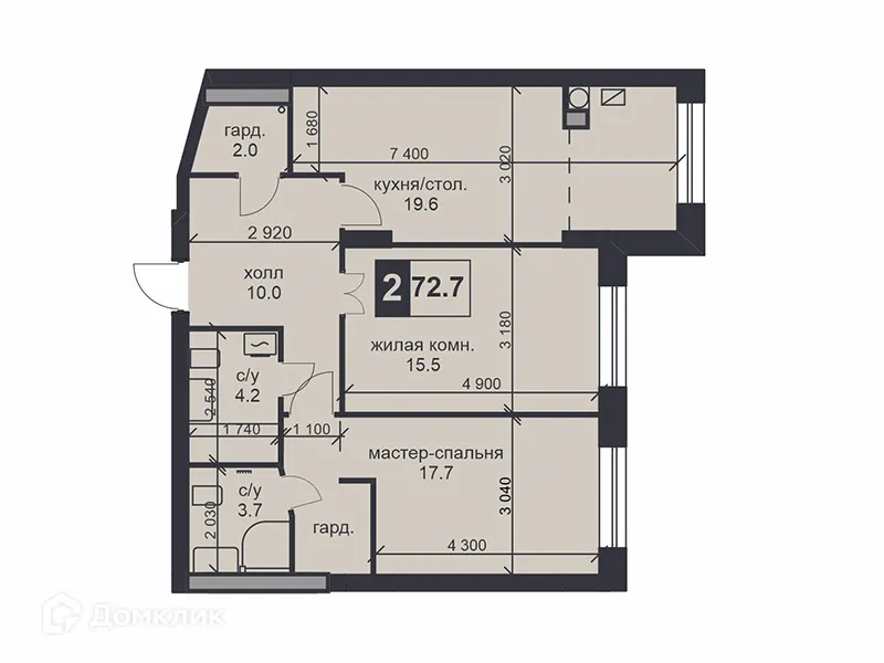 Планировка 2-комнатной квартиры 72.7 м² в ЖК «НАДЕЖДА», г. Ставрополь — фото 1