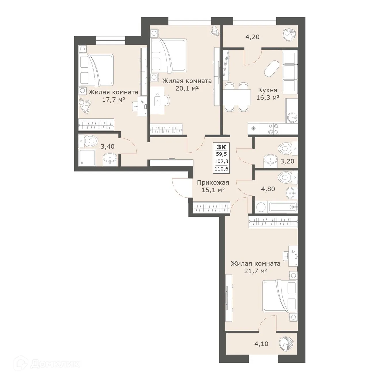 Планировка 3-комнатной квартиры 110.6 м² в ЖК Моне, г. Ставрополь — фото 2