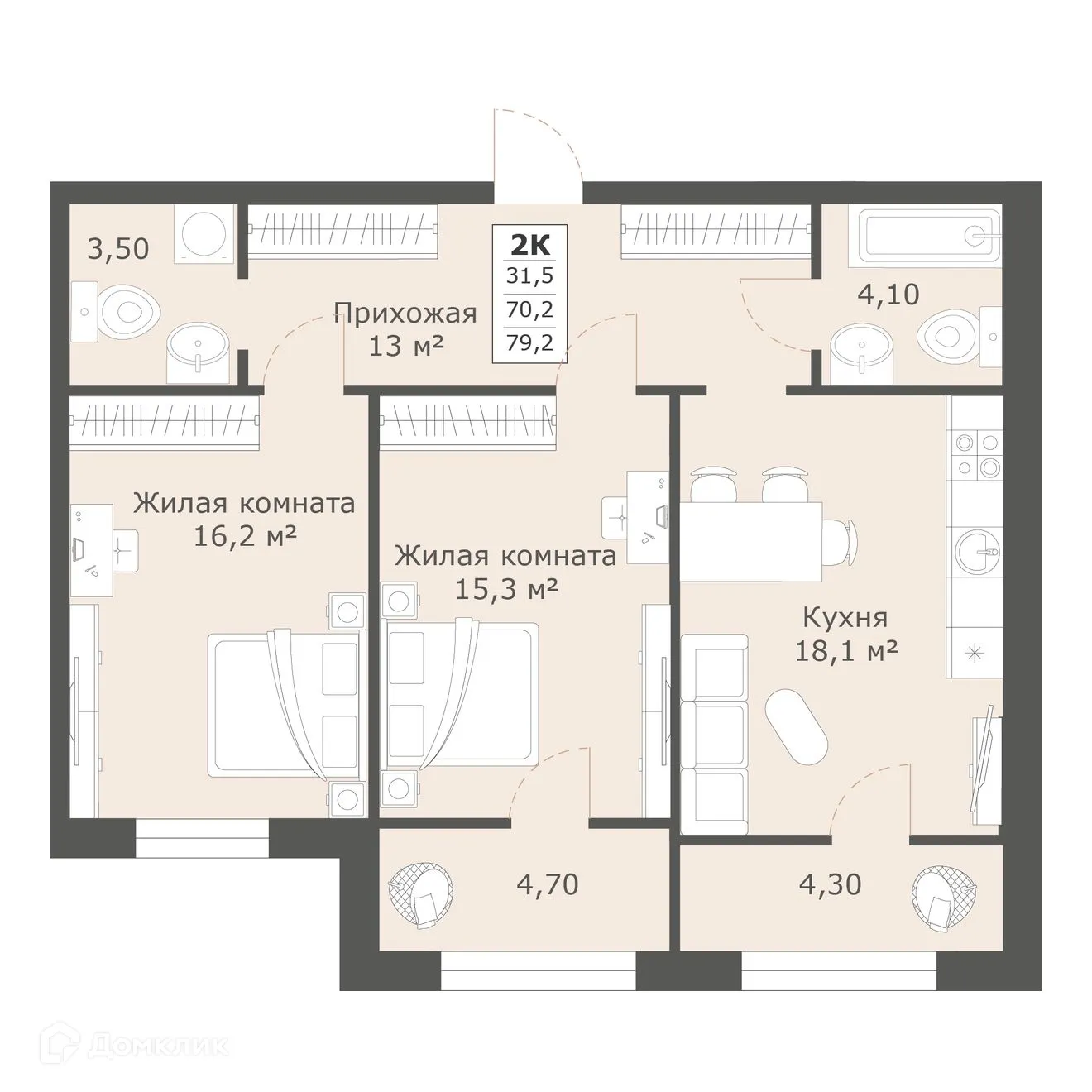 Планировка 2-комнатной квартиры 79.2 м² в ЖК Моне, г. Ставрополь — фото 2