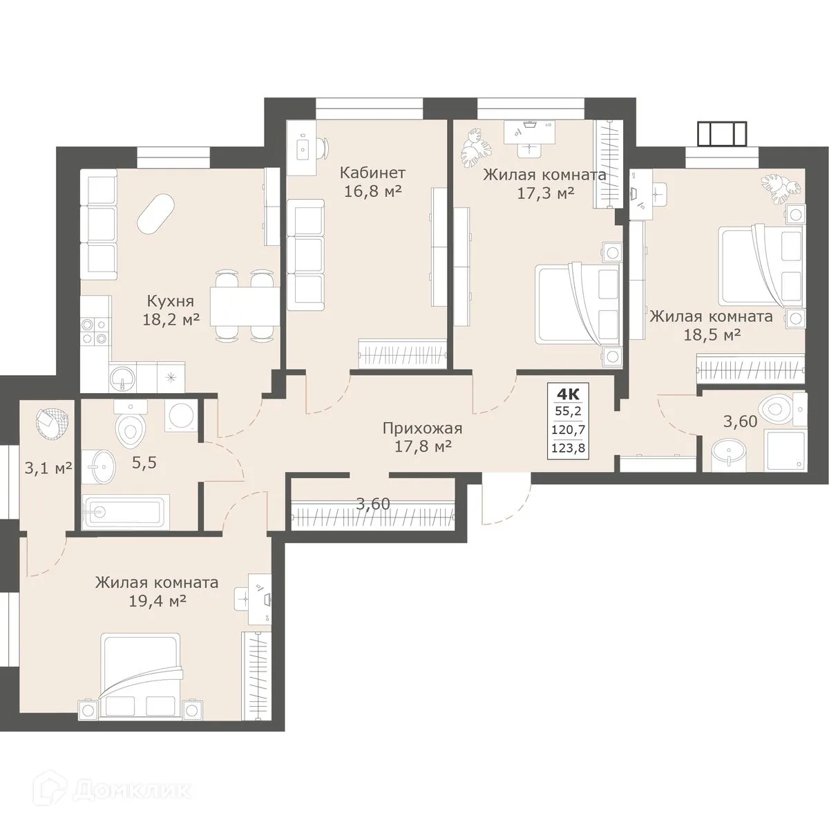 Планировка 4-комнатной квартиры 123.8 м² в ЖК Моне, г. Ставрополь — фото 2