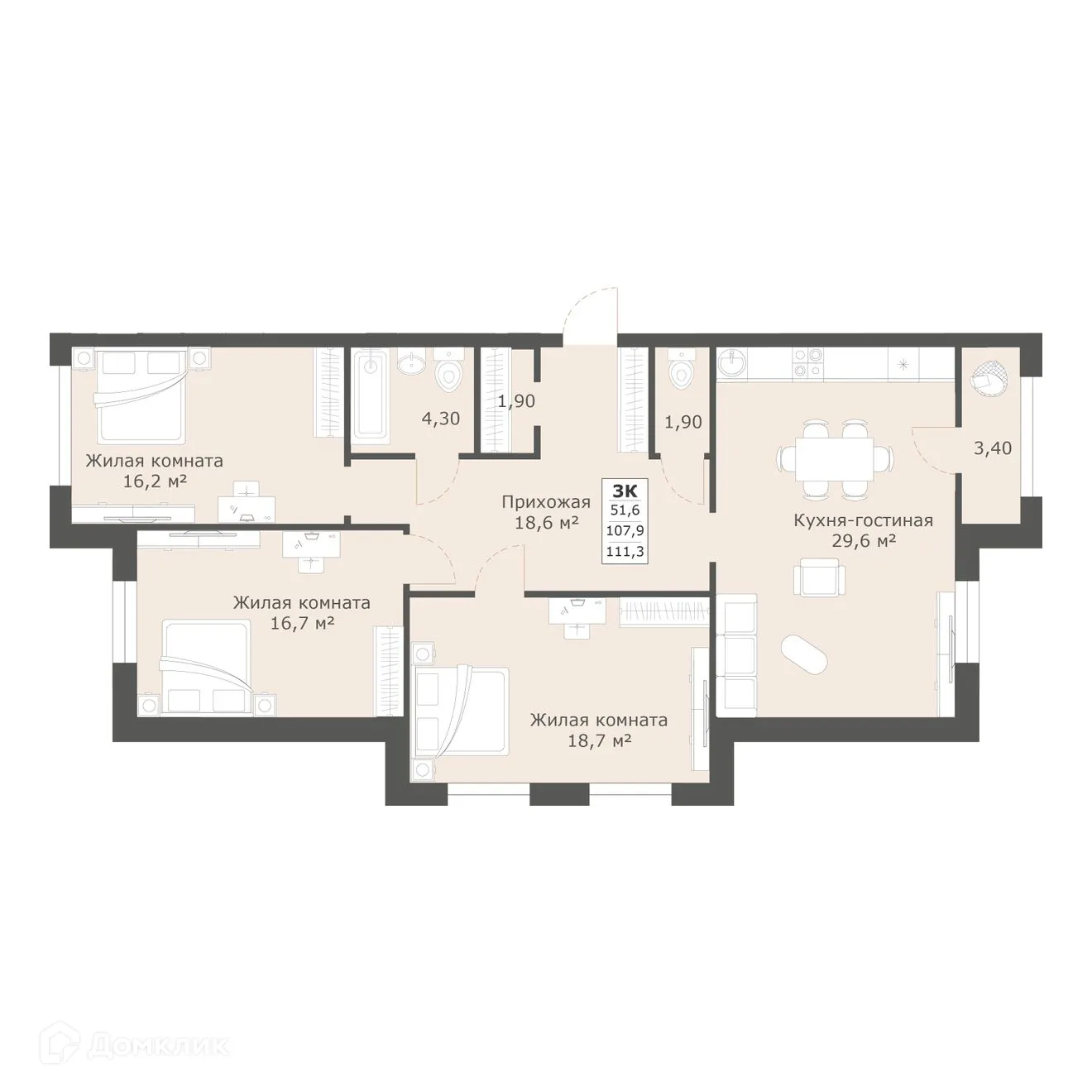Планировка 3-комнатной квартиры 111.3 м² в ЖК Моне, г. Ставрополь — фото 2