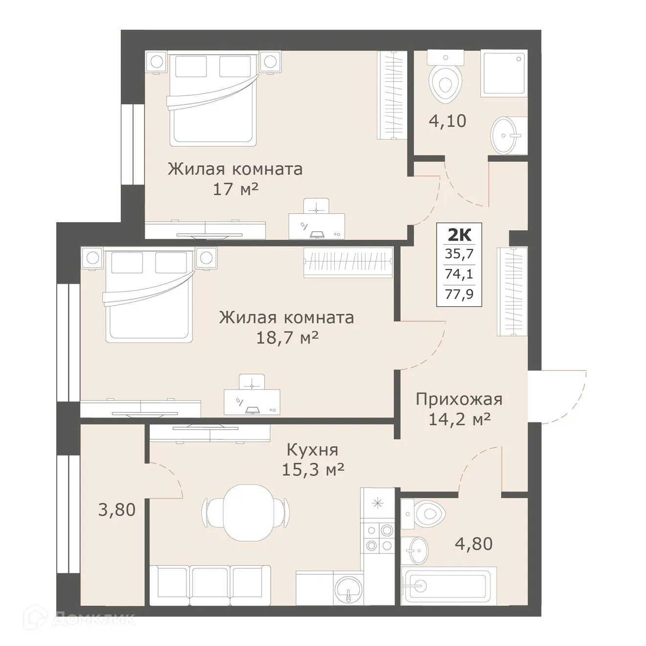 Планировка 2-комнатной квартиры 77.9 м² в ЖК Моне, г. Ставрополь — фото 2